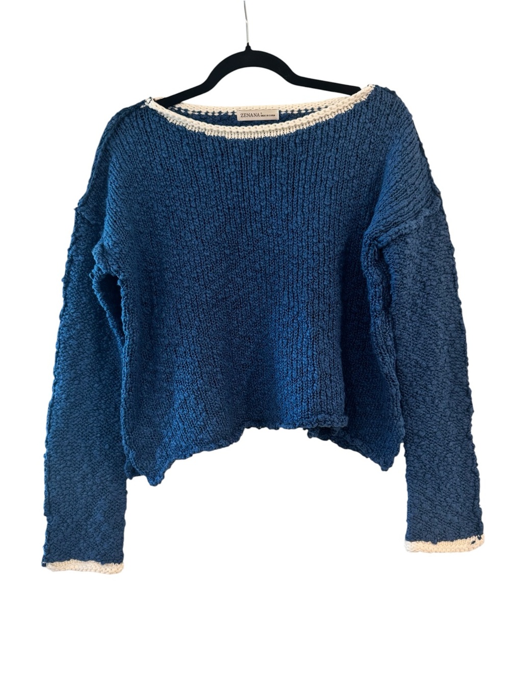 NWOT Zenana Outfitters Navy Cropped Knit Sweater with Contrast Trim